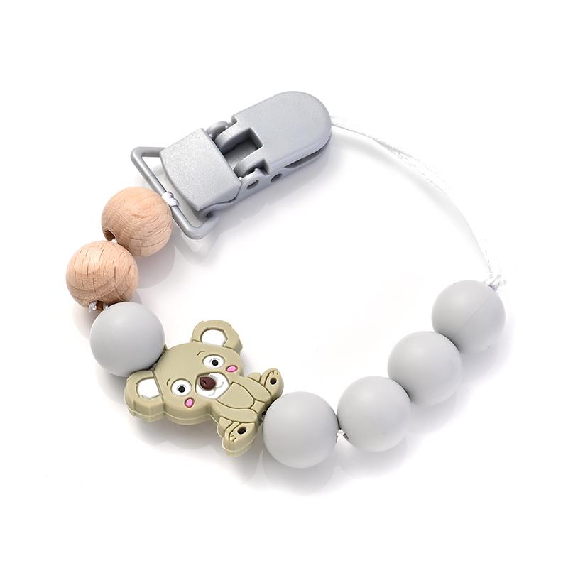 Anneau de dentition en bois pour bébé Chaîne de sucette Jouets à mordiller d'allaitement Cadeau Clips de sucette pour bébé Support Chaîne de dentition Animal Cartoon en Silicone