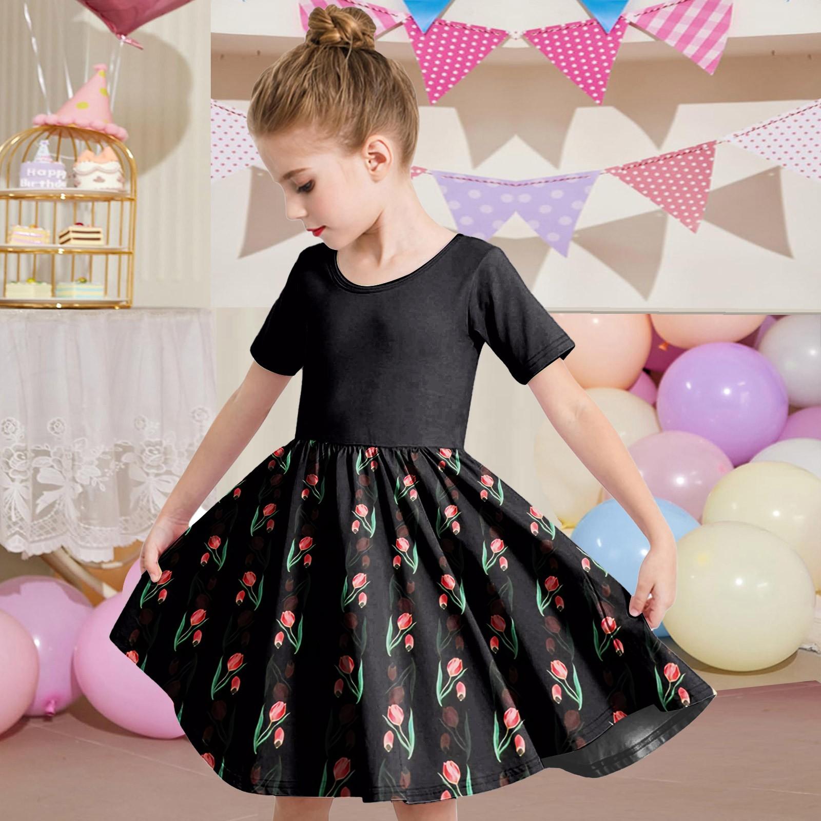 

Летнее платье для девочек, платье для малышей, однотонное повседневное платье-футболка с коротким рукавом А-силуэта 140 чёрный
