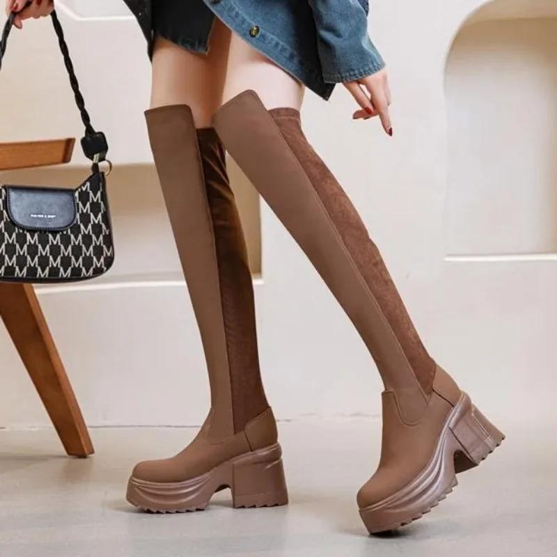 Fashion 10CM Synthetic Cloth Streth Fabric Women Platform Wedge Fashion British Spring Boots Knee High Boots Leather Autumn Shoes
