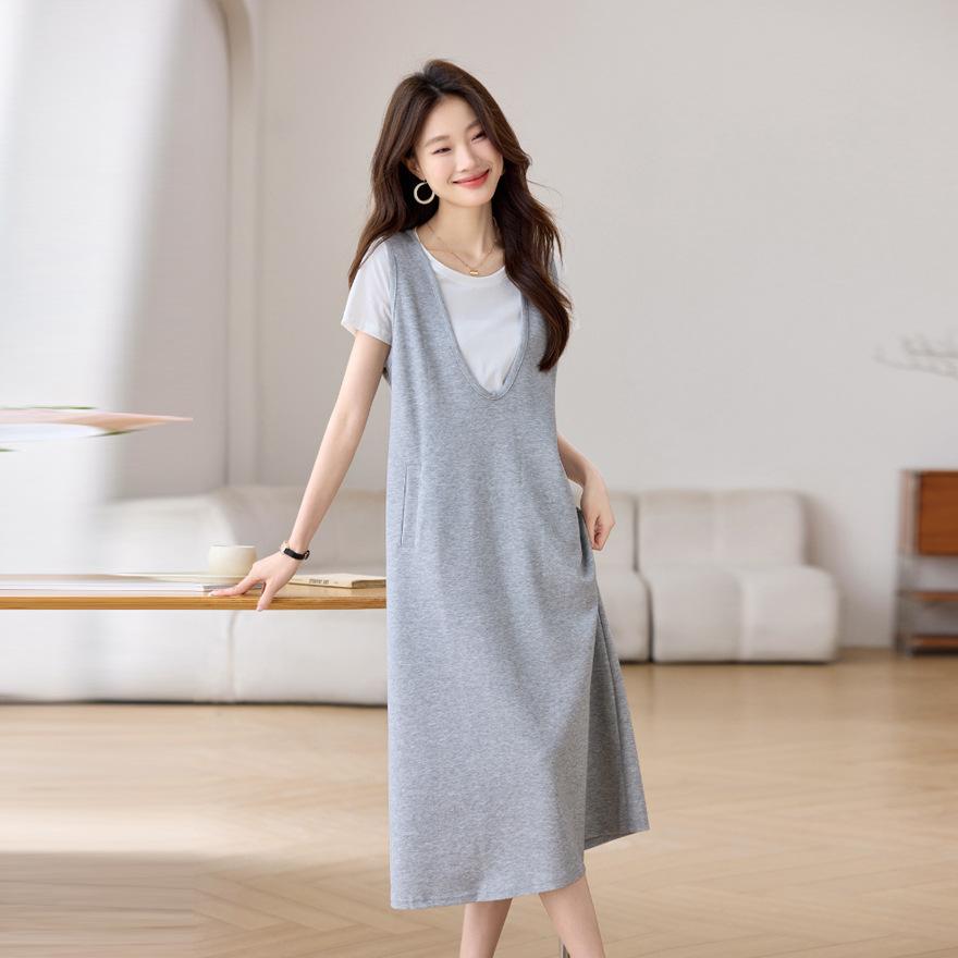 Fashion Skirt Set Women's Summer Thin Young Loose White T-shirt Sleeveless U-neck Dress Two-piece Set