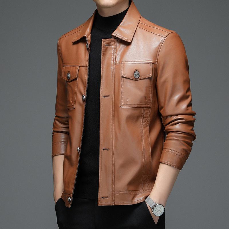 Men's Sheepskin Leather Jacket Autumn and Winter Fashionable Young and Middle-aged Jacket Men's Velvet Warm Men's Leather Jacket