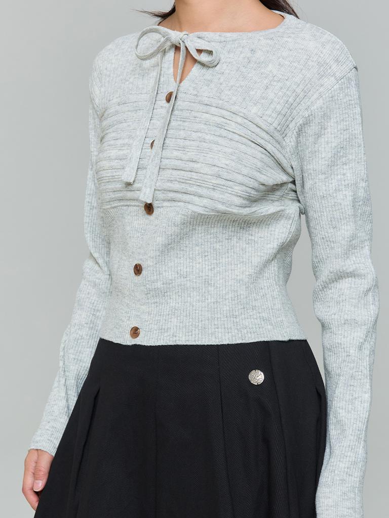 ADOREBELLE Ribbon Button Slim Knit - Gray