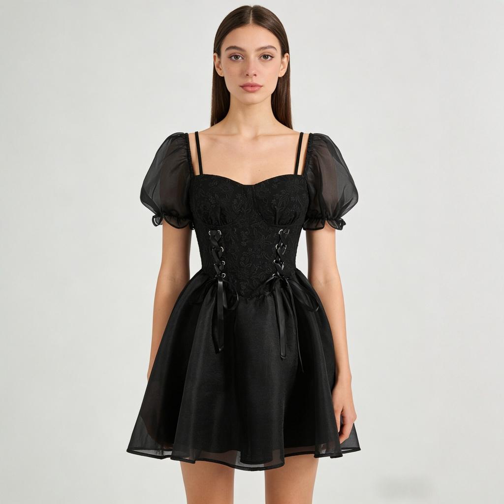European and American women's clothing dark wind lace waist dress bubble sleeve strap design short skirt hot sale