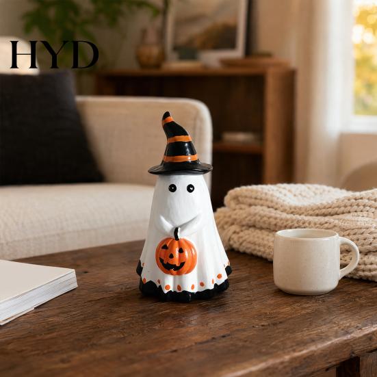 Handcrafted Ghost Ornament Halloween Figurine with Witch Hat, Cute Small Resin Decorative Holding Pumpkin Statue for Home Table Shelf Desk Decor