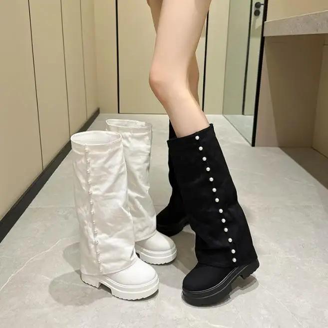 10Cm Denim Synthetic Platform Wedge Ankle Knee High Autumn Booties Fashion Round Toe Leisure Spring Women Ladies Shoes
