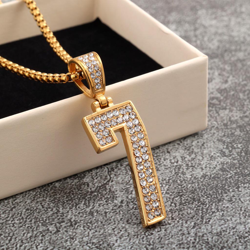 European & American Unisex Stainless Steel Pendant Necklace with Diamond Inlaid Number Design