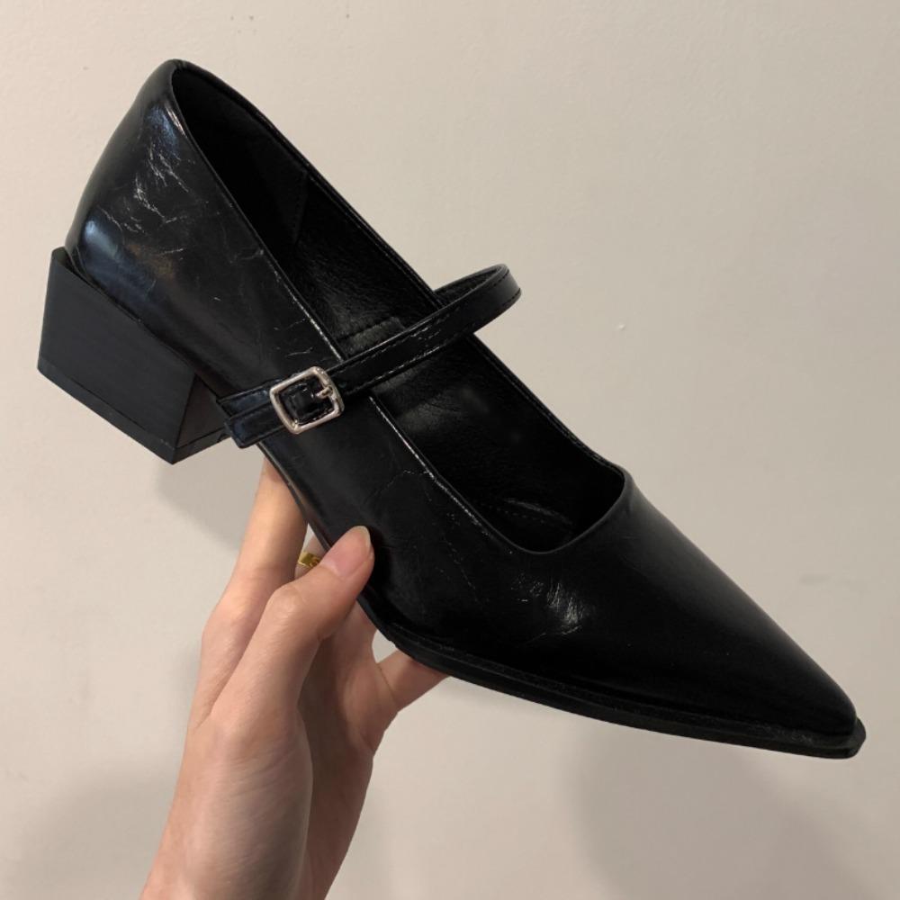 Fashion Pointed Retro Mary Jane Shoes Woman Soft Leather Word with Light Mouth Thick Heel Single Shoes Women's High Heel Women's Shoes