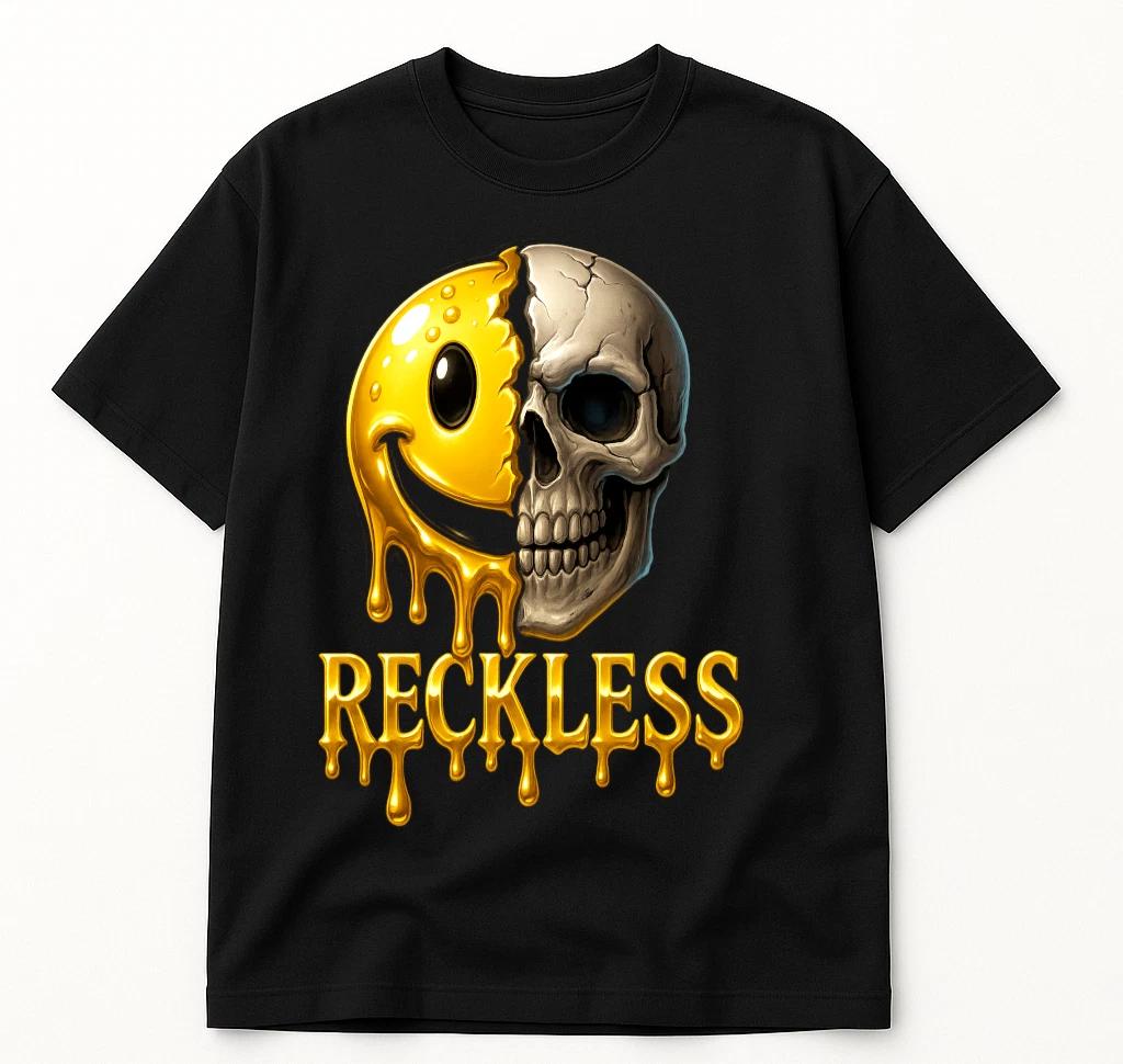 Reckless Smiley Skull Shirt Distorted Face Streetwear Graphic T-Shirt 2XL