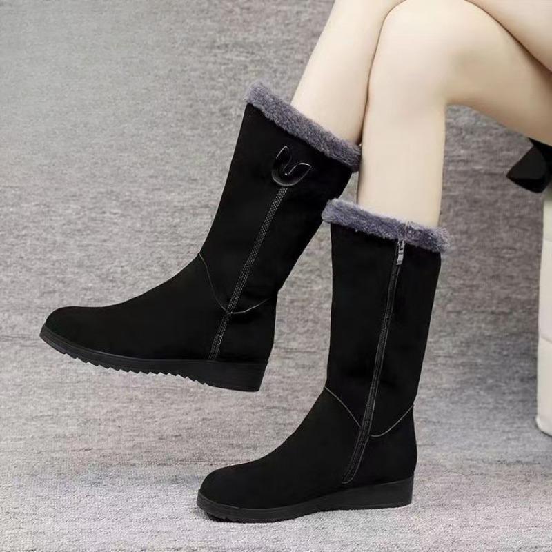 Damskie Buty Zimowe do Połowy Łydki Duży Rozmiar Pluszowe Wnętrze Skośny Obcas Bawełniane Buty Zamek Boczny Antypoślizgowe Śnieg Płaskie Buty Botas Mujer