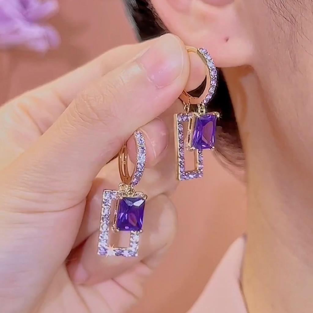 Vintage Purple Square Rhinestone Ear Clips Minimalist Elegant Earrings for Round Square Faces
