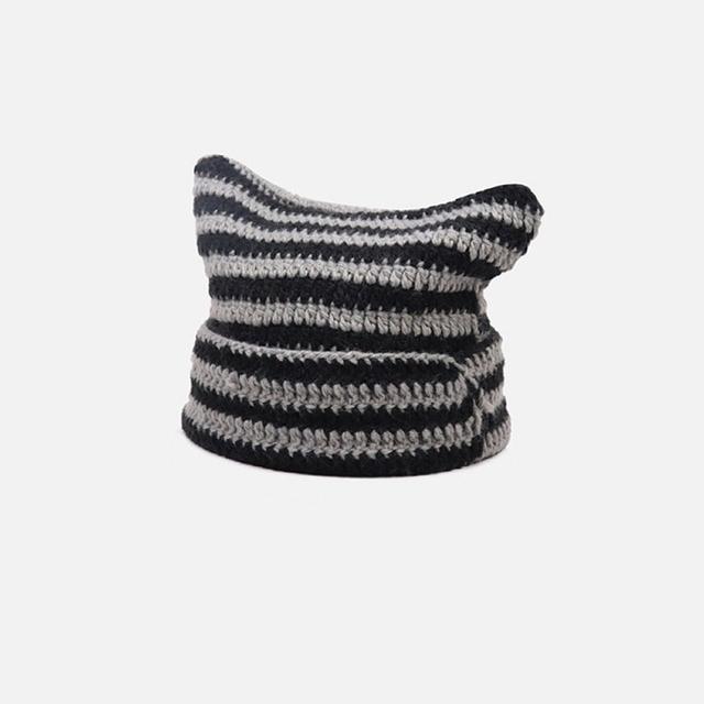 Japanese Streetwear Harajuku Beanie Hat Little Devil Striped Knitted Hat ForWomen Girls Autumn Winter Cute Cat Ears Cap