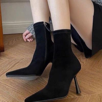 High-heeled Short Boots Woman  Autumn New Style Thin Thin Boots Small Square Head Thin Temperament Suede Elastic Boots