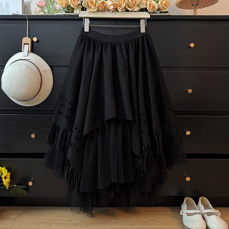 Women's Ethnic Crochet Tassel Trim Patchwork Midi Skirt - Autumn 2025 High Waist Pleated Fluffy Skirt