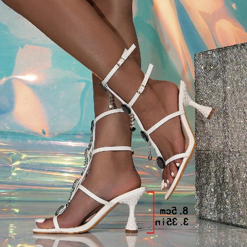 2025 Summer Fashion Hollow Out Narrow Band Ankle Strap Women Sandals Elegant Peep Toe Stripper Heels CRYSTAL CHAIN Shoe