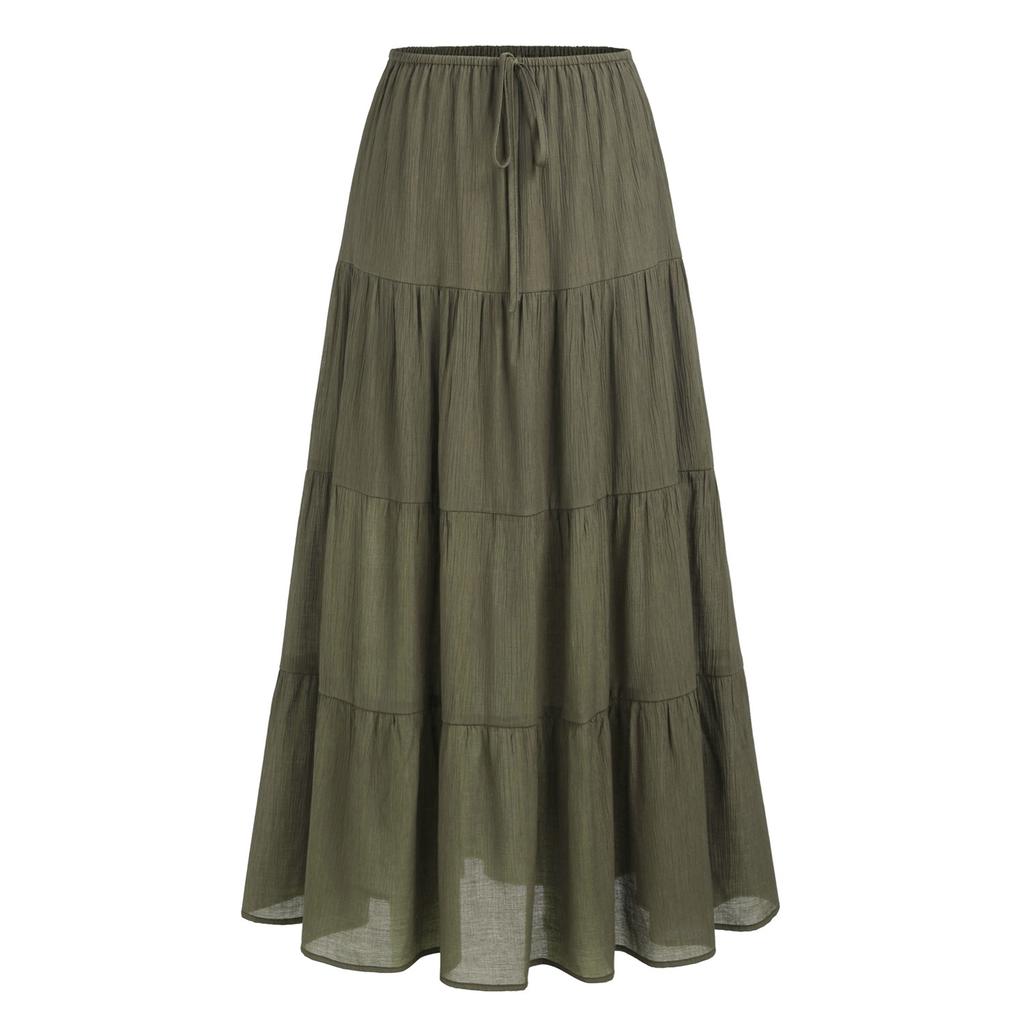 Women's Cotton Skirt High Waist Elastic Lace-up Large Swing Skirt Loose Stitching Long Skirt