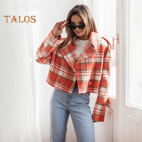 Herbst Winter Damen Jacke Umlegekragen Karomuster Lange Ärmel Locker Cardigan Knopfdekor Englischer Stil Kurzer Typ Oberbekleidung Mantel