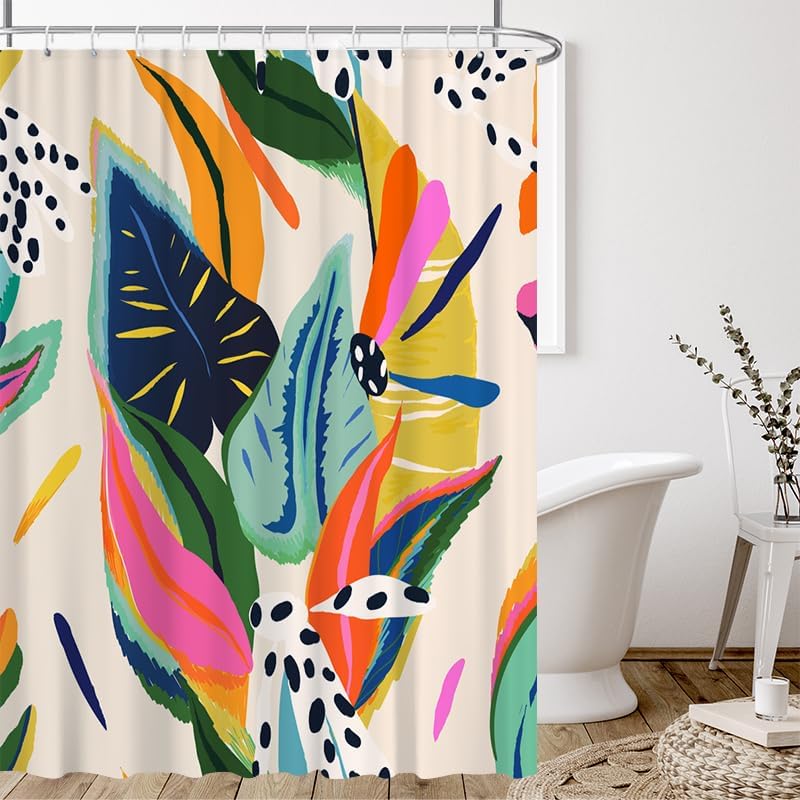 Floral Jungle Boho Shower Curtain Bathroom Colorful Bohemian Abstract Asthetic Pastel Modern Contemporary Art Shower Curtains