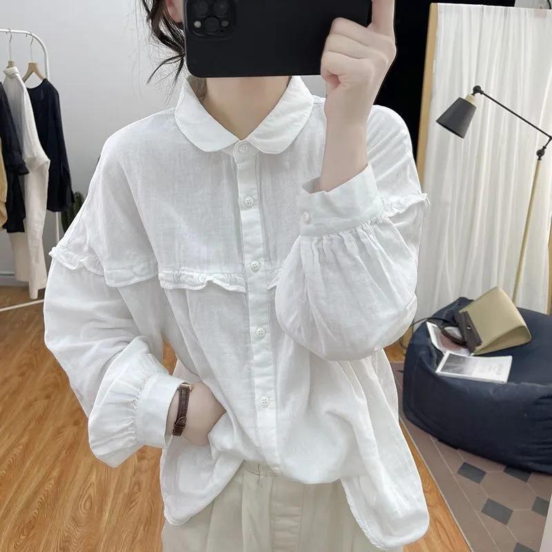 Lantern Sleeve Shirt Women's Spring Design Sense Lotus Leaf Edge Long Sleeve Yuanbao Collar Pure Cotton Top Bottom Shirt