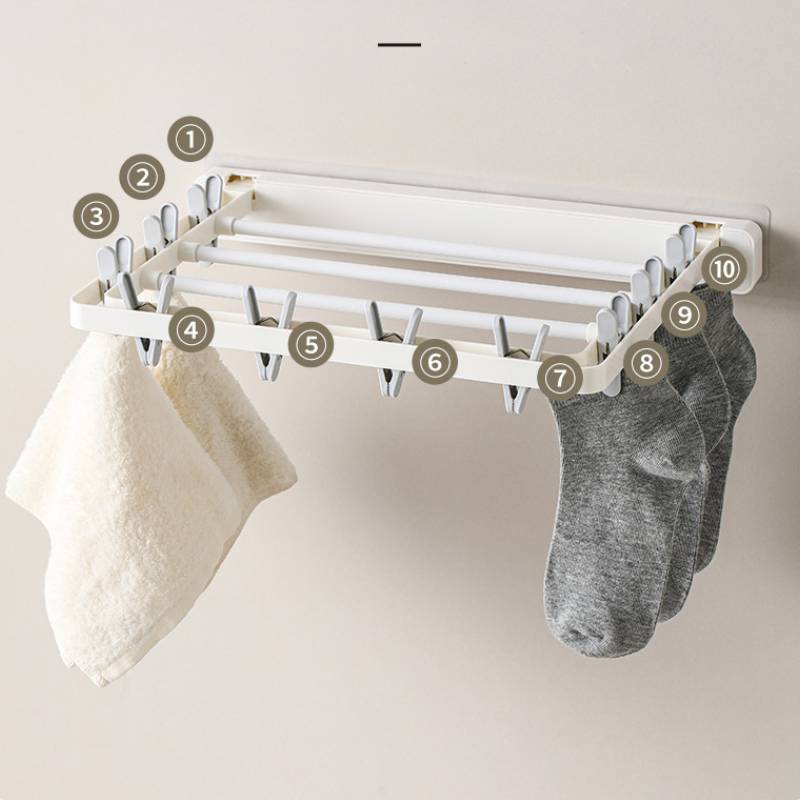 Wall Mount Folding Clothes Drying Rack With Clips For Indoor Laundry Storage