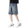 High-end American retro ripped washed old denim shorts men's summer thin breathable straight trendy five-point pants