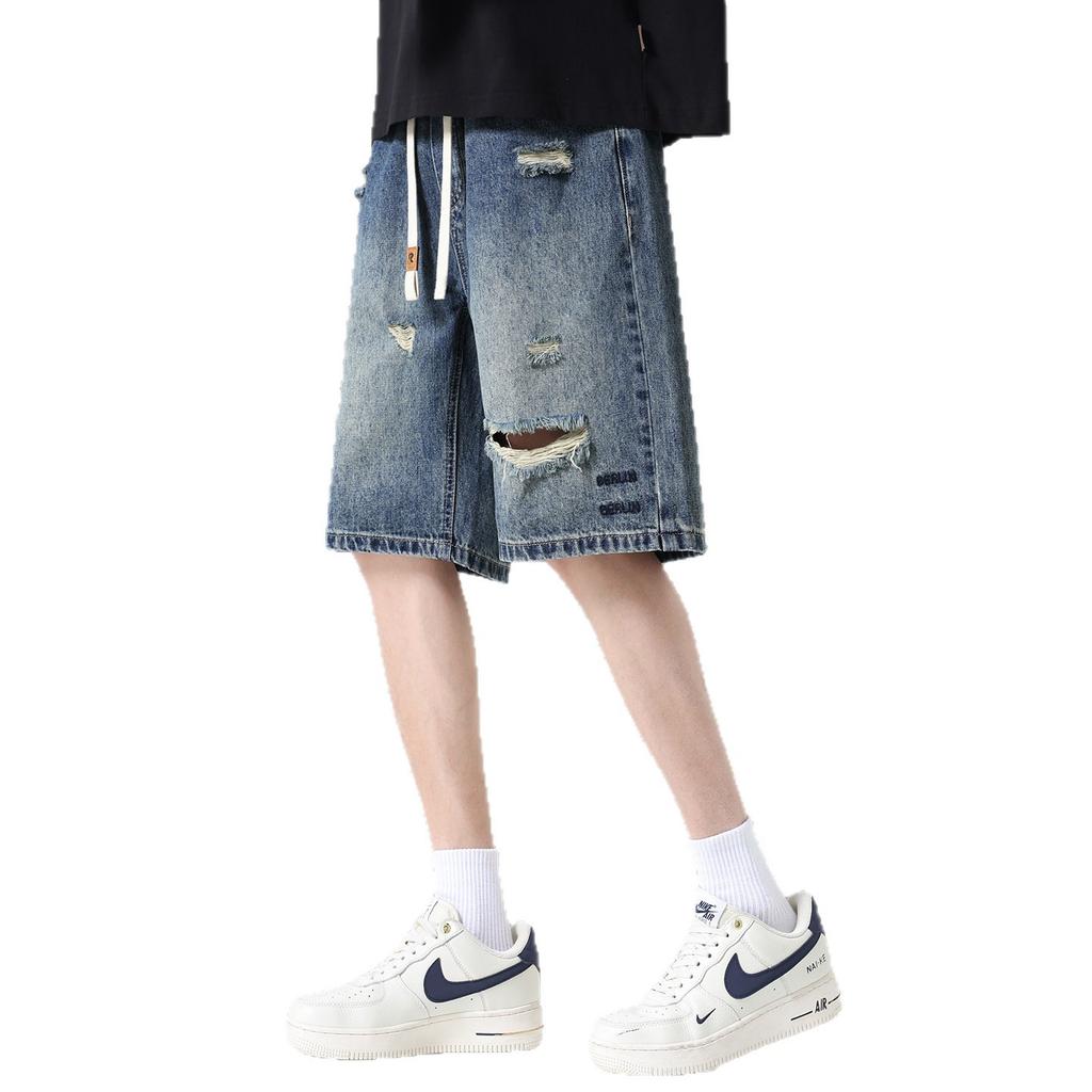 High-end American retro ripped washed old denim shorts men's summer thin breathable straight trendy five-point pants