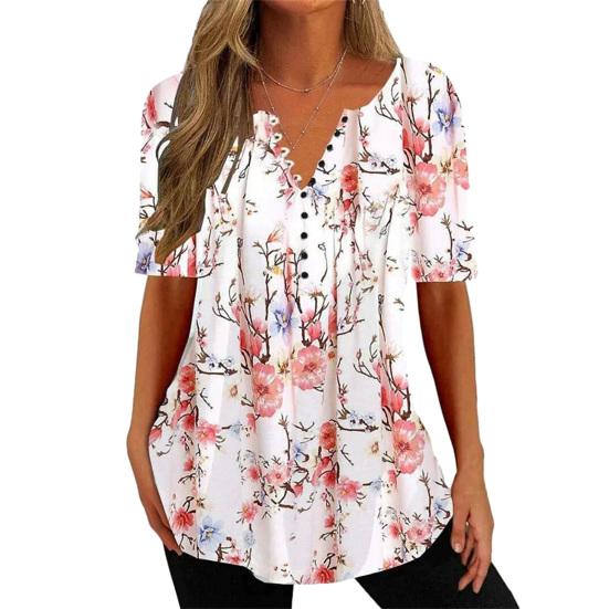

Женская летняя футболка с цветочным принтом, v-образным вырезом и короткими рукавами, свободная винтажная повседневная одежда средней длины, большие размеры, женская верхняя женская одежда 2XL красный