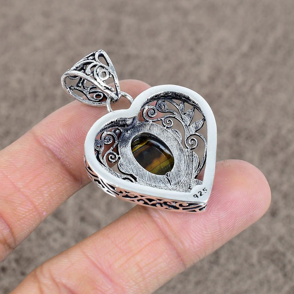 Tiger Eye Gemstone Handmade 925 Sterling Silver Jewelry Pendant 1.77" KKG-24