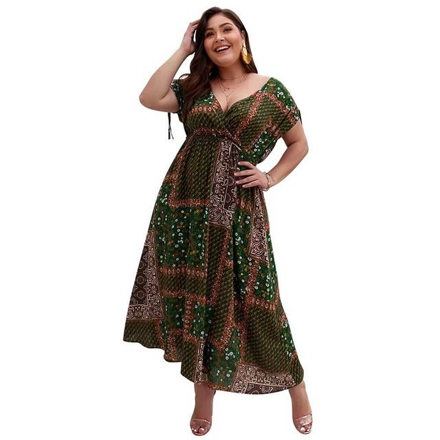 V Neck Retro Floral Print Women's Dresses Bohemian Short Sleeve Loose Female Spring Clothes Elegant Plus Size Vestidos Mujer