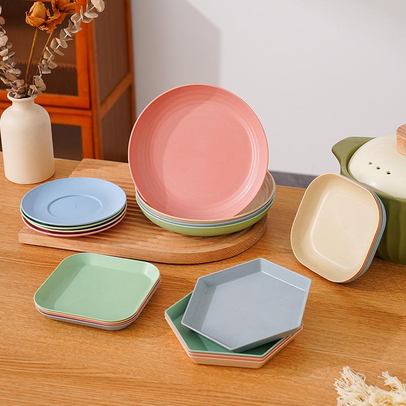Wheat Straw Round Vegetable Plate Household Large Vegetable Plate Set Drop-Resistant Snack Plastic Plate Fruit Plate Plate