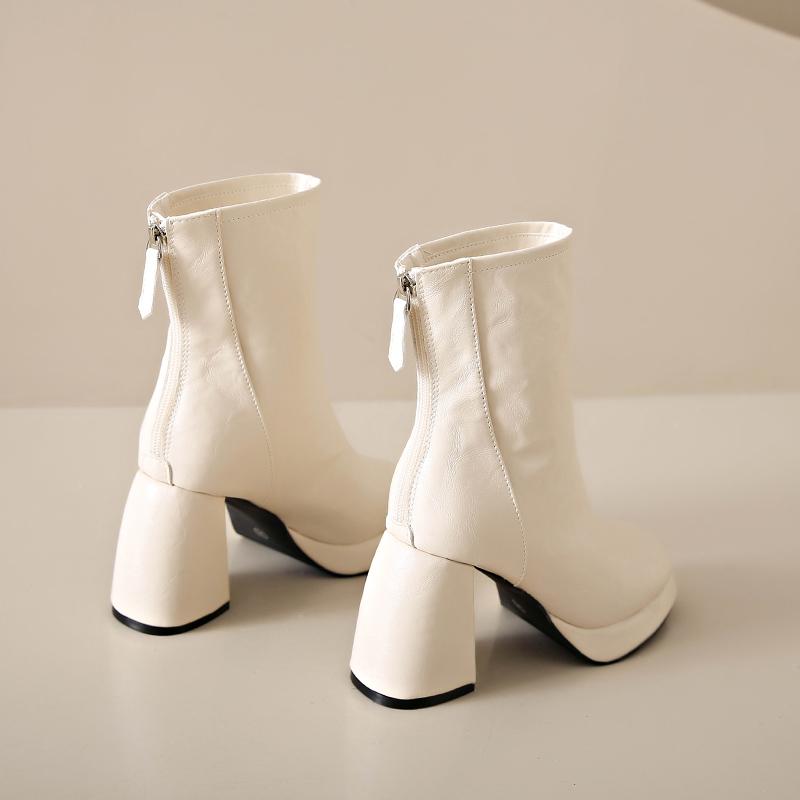 Fashion Retro Square Head Sheepskin Block Heel Booties Women's Back Zipper Platform High Heel Skinny Boots Fall Winter New