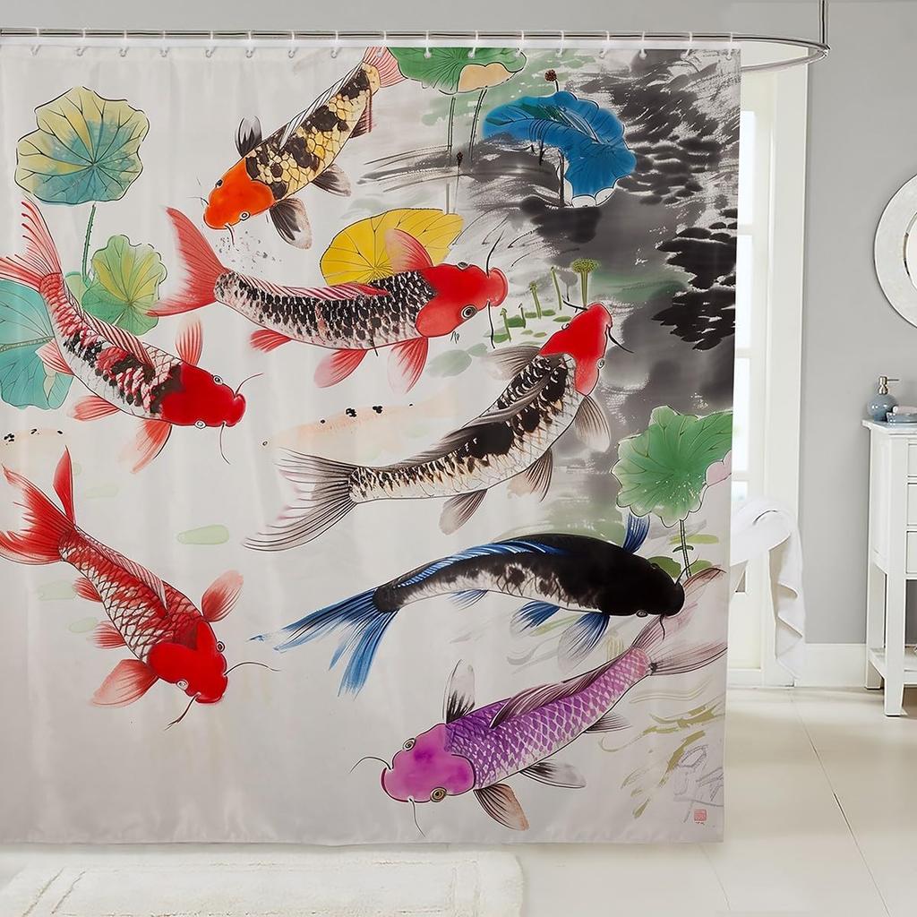 Kids Koi Fish Shower Curtain Boys Girls Japanese Wave Bathroom Shower Curtain Set Japanese Style Bath Curtain Fish Pattern