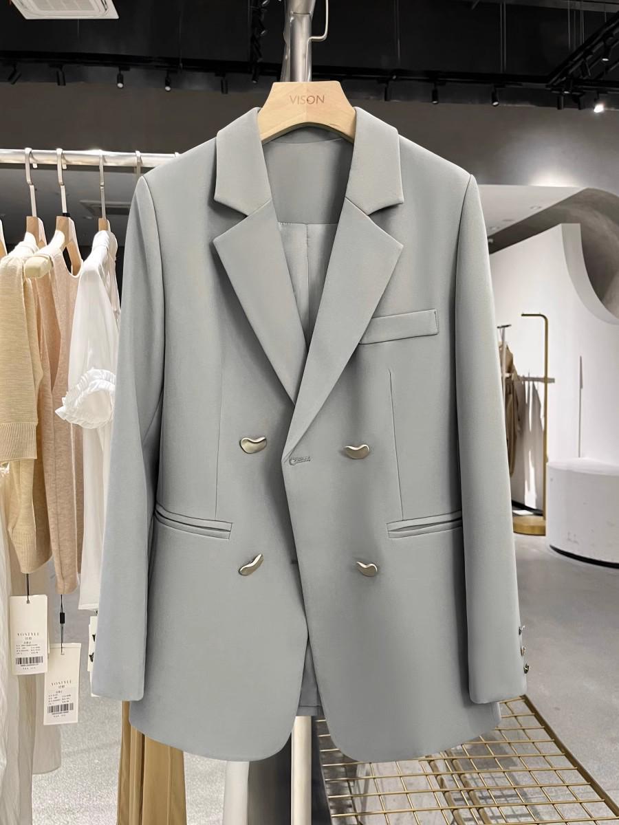 

В наличии женский двубортный пиджак большого размера Slim Fit - Hepburn Style 8052 M серый