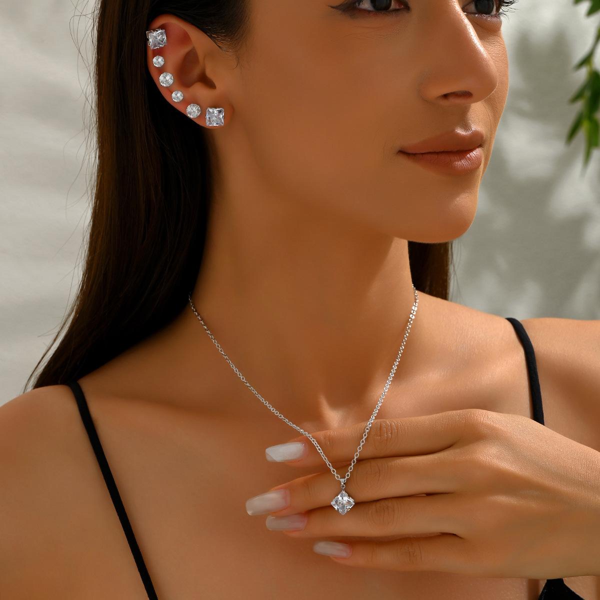 

Hot selling women s necklace set geometric inlaid zircon design stud earrings versatile jewelry