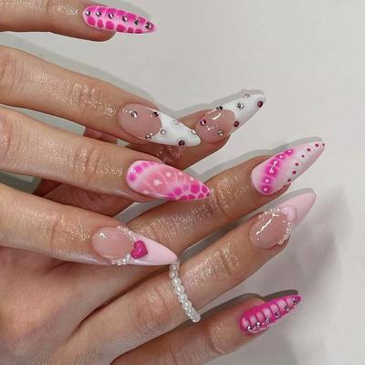 Almond Press On Nails Fake Nails Glossy Acrylic Artificial Nails Stick On Nails for Womens 24Pcs 12Sizes Glue On Nails