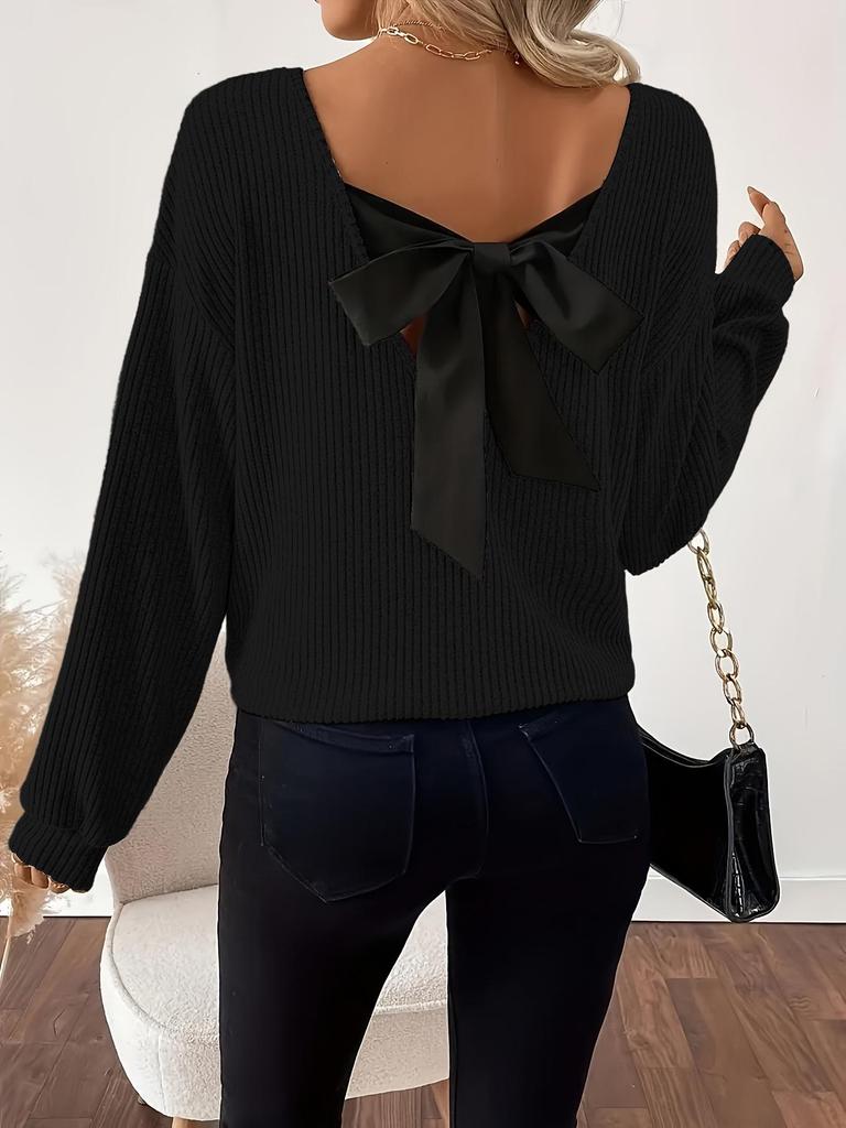 European & American Women's V-Neck Solid Sweater - Autumn Long Sleeve Casual Loose Bow Top