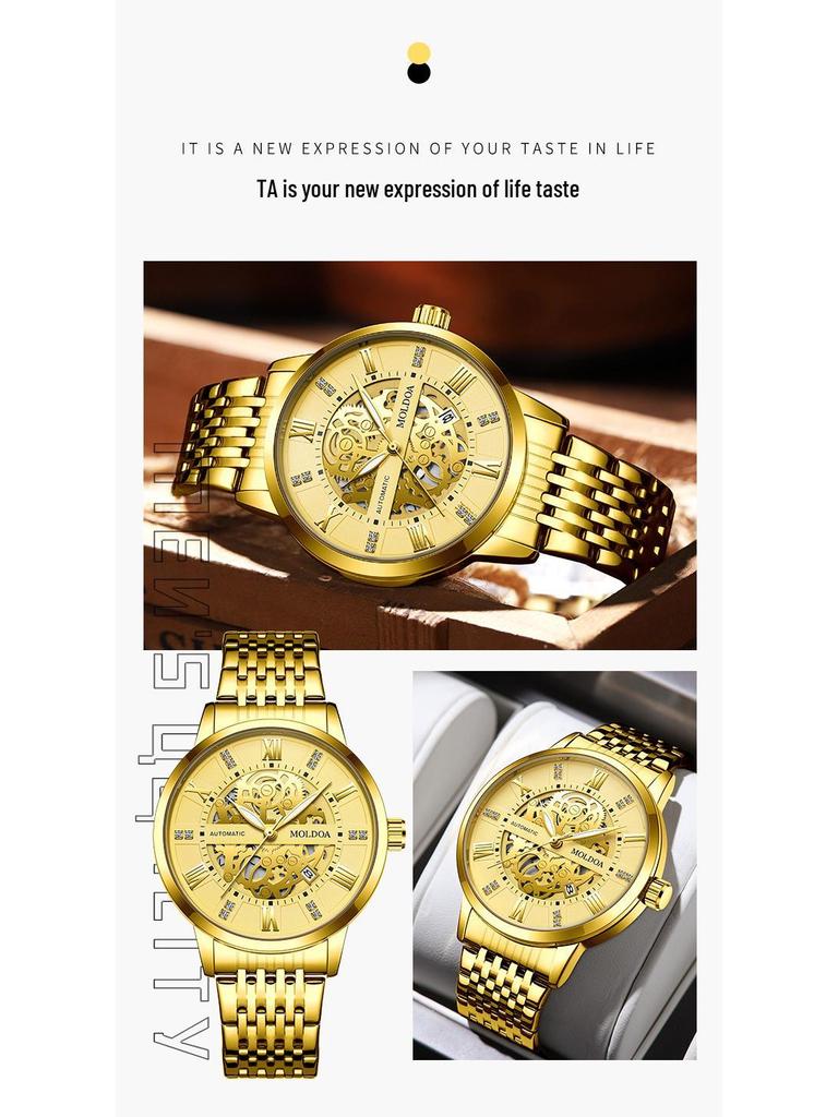 Herren Trendige Wasserdichte Automatische Mechanische Uhr mit Leuchtanzeige und Kalender