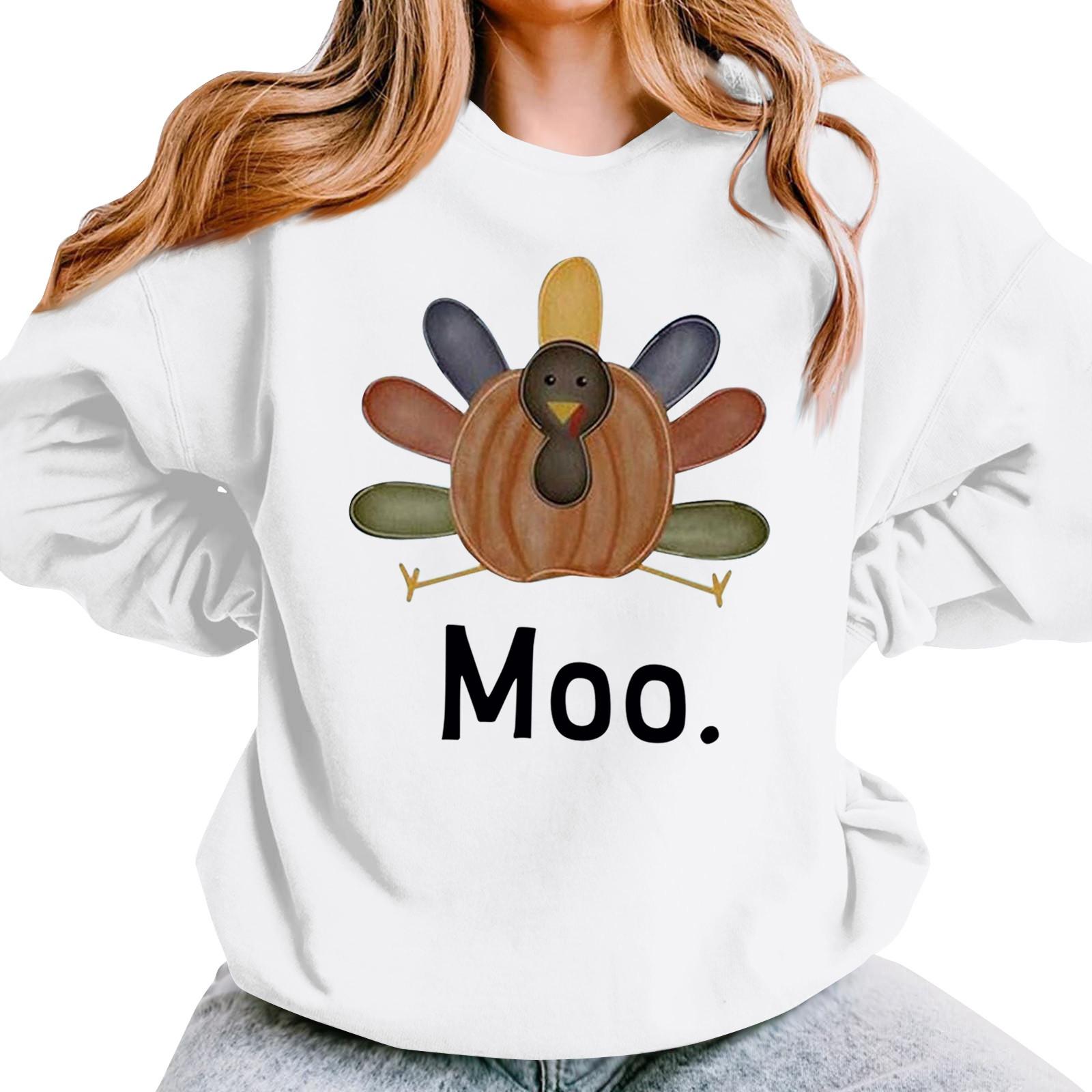 

Женская повседневная мода День благодарения с принтом длинный рукав O-образный вырез пуловер толстовки M белый