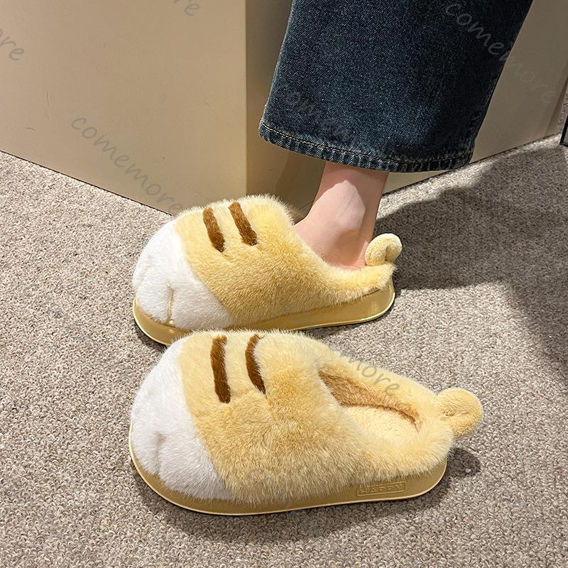 Fashion Comemore Cute Tiger Paw Cotton Slippers for Women Thick Bottom Indoor Warm Furry Cotton Shoes Winter Cartoon Flat Fur Slippers
