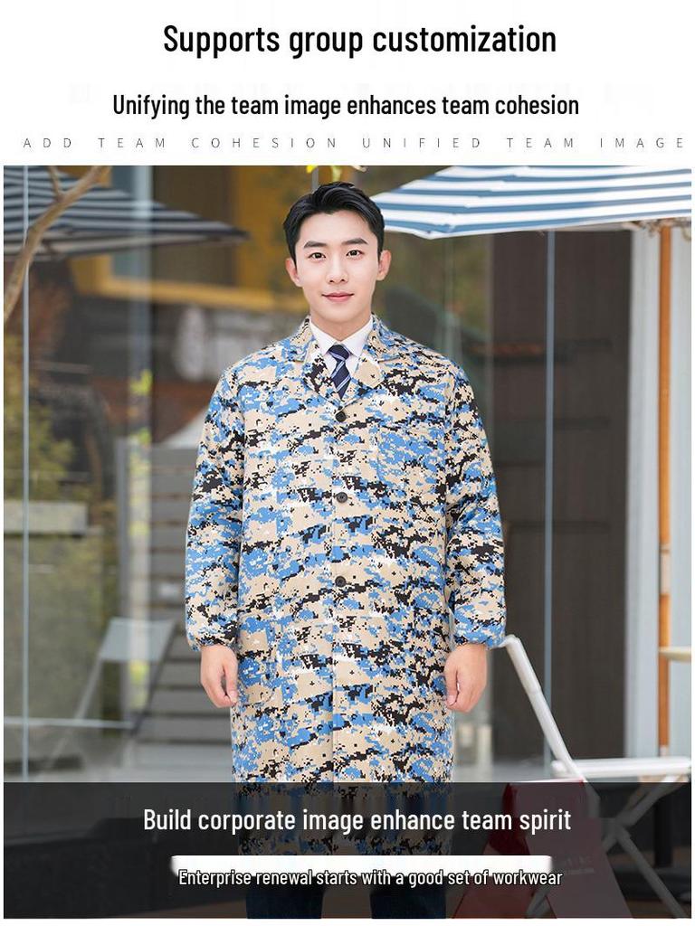 Unisex Long Blue Camouflage Dustproof Workwear Overcoat with Sleeves