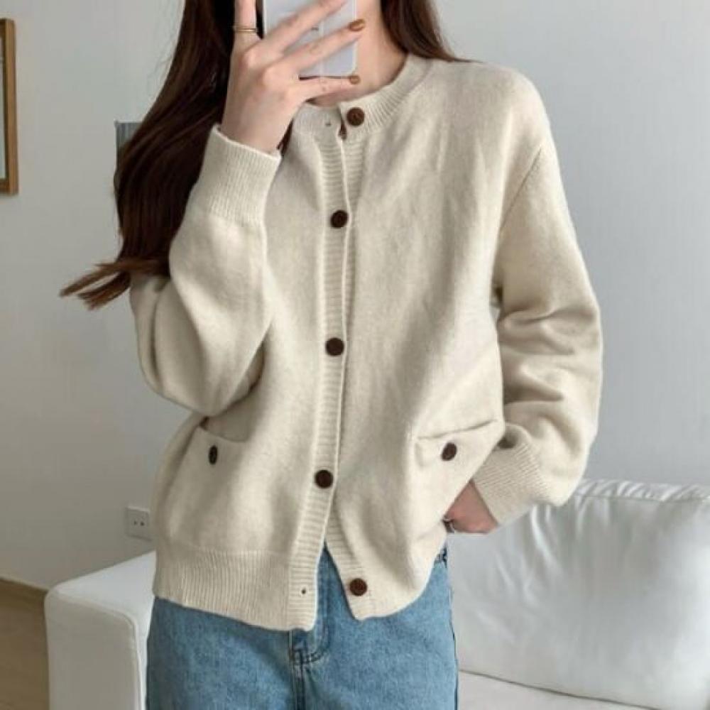 Navava Simple Daily Solid Round Neck Long Sleeve Knit Cardigan Nk3131