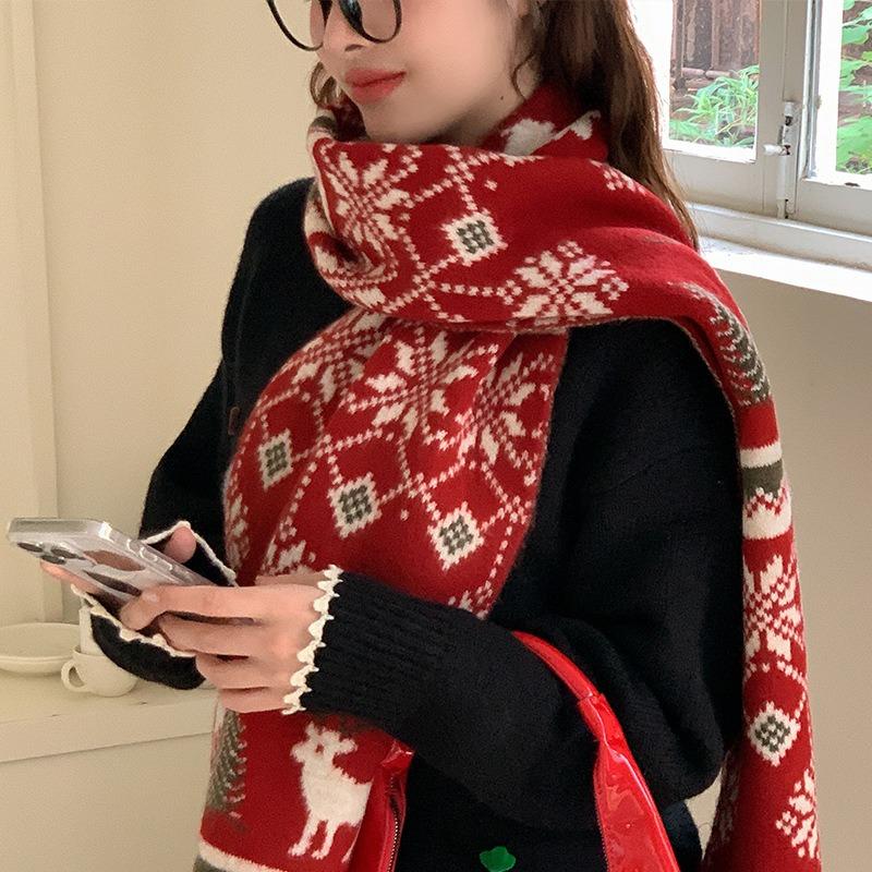 Red Christmas tree deer new knitted scarf women keep warm winter atmosphere holiday gift wool scarf men