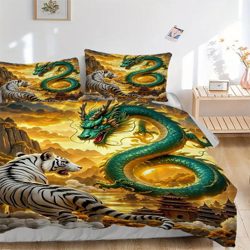 

3PCs Dragon, Tiger Design Cover Set, Breathable Fabric, Machine Washable (1 Duvet Cover + 2 Pillowcases) (Without Quilt) yy250911143 135x200cm
