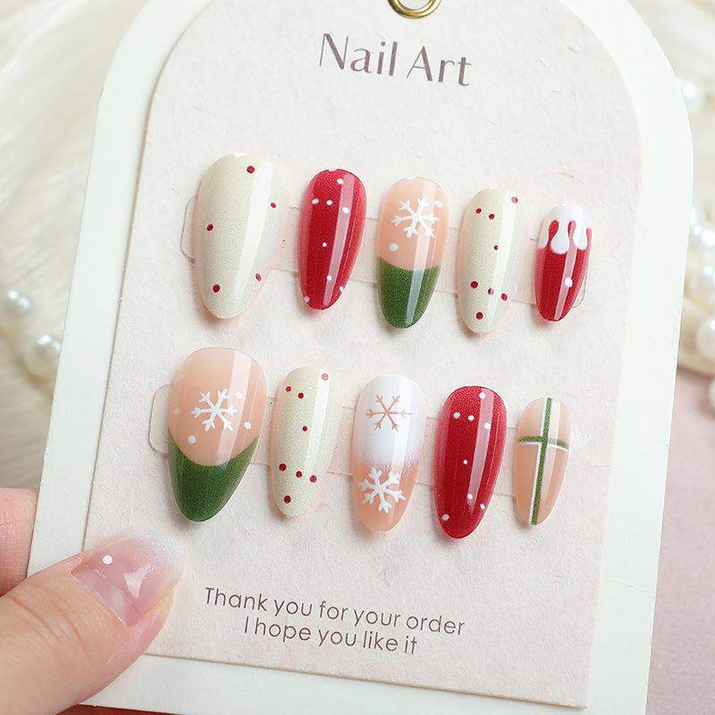 24pcs Christmas Cat Eye Almond Nails with Snowflake Plaid Design 24pcs/box