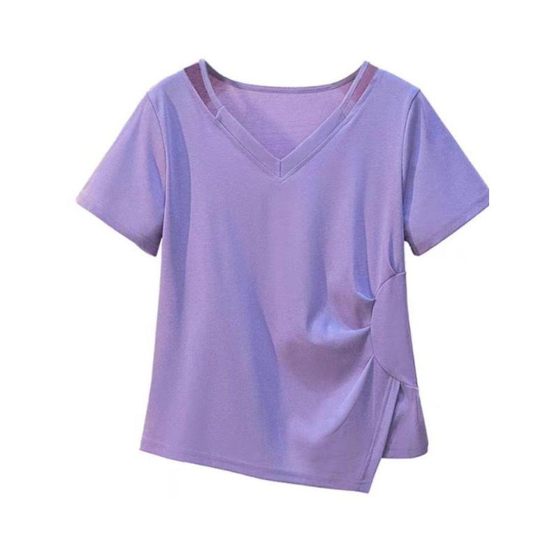 V Neck Asymmetrical Small Shirt Plus Size Ladies Covering Belly Thin Summer Wear
