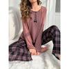 Women's Pajama Set Solid Long-sleeved Top with Plaid Trousers Suit Button Bow Trim Sleepwear Loungewear Nighties