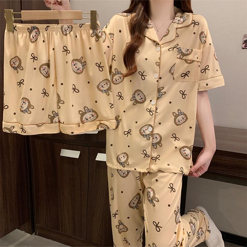 Pajamas Women'S Spring And Summer Short-Sleeved Trousers Three-Piece Set Cute Girl Loungewear