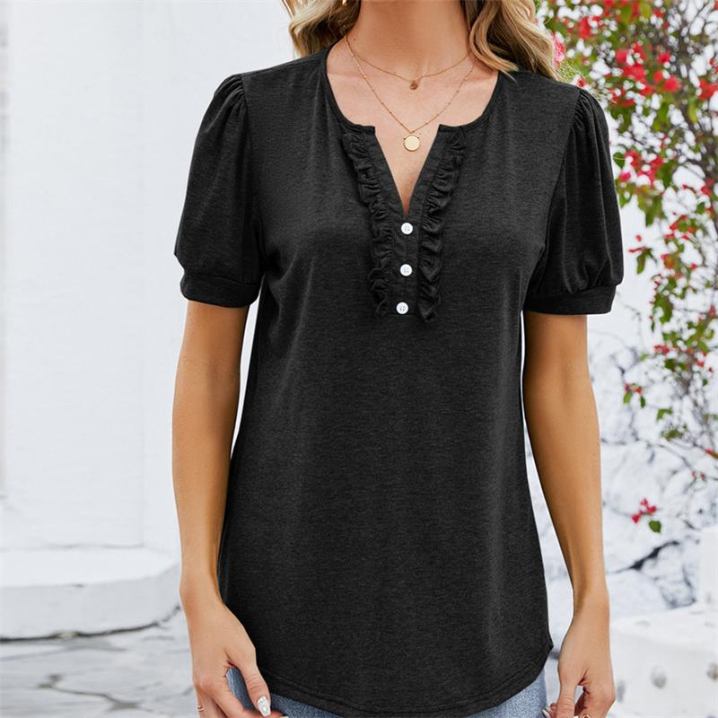 Frühling Sommer T-Shirts Einfarbig Damen Top Mode V-Ausschnitt Knopf Holzohrkante Kurzarm T-Shirt