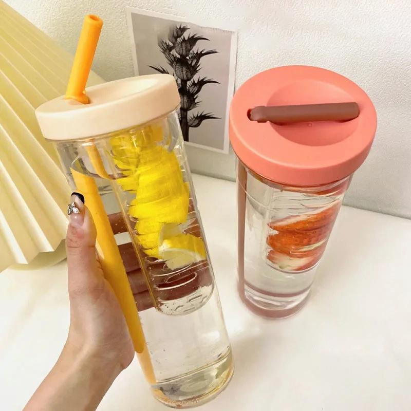 Plastic Water Bottle Portable With Straws Fruit Infuser Tea Juice Cup Fitness Sport Outdoor Travel Bottles Kettle Transparent