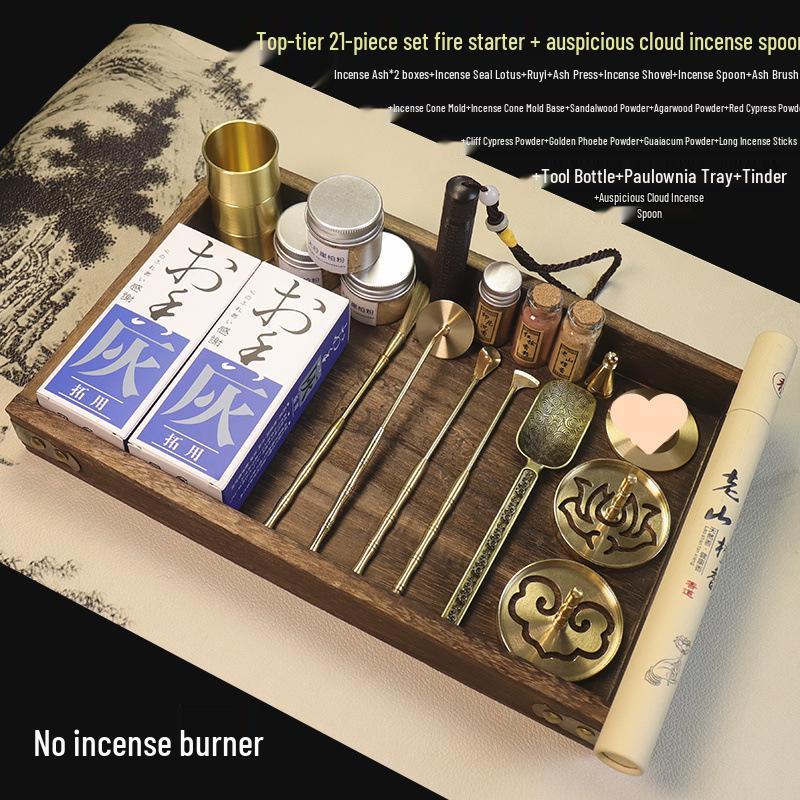 Kodo Set: Brass Ash Press Incense Burner & Pure Incense Powder with Dazuan Seal Mold for Home Use