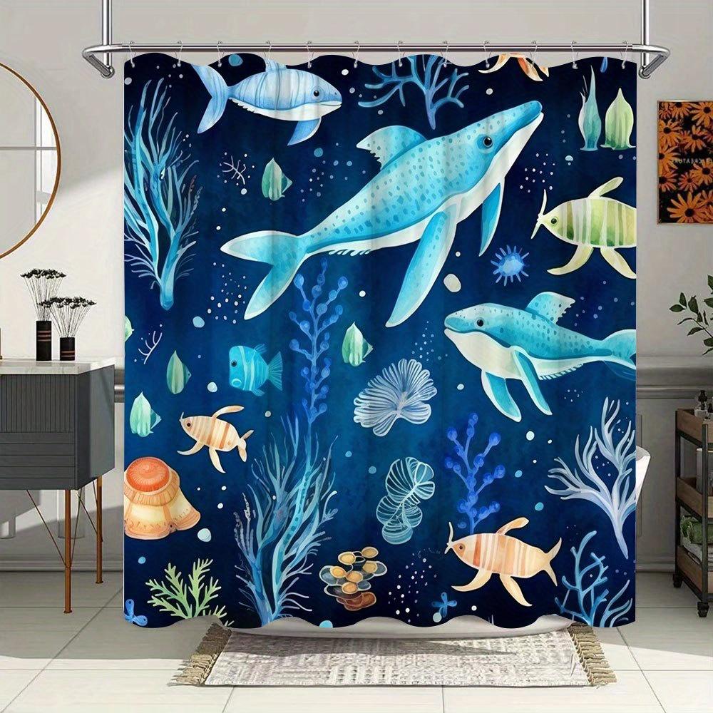 1Pc Vibrant Underwater Dolphin & Marine Life Shower Curtain - Blue-Gray Dolphins, Colorful Fish, Sea Turtle On Navy Blue Backgro